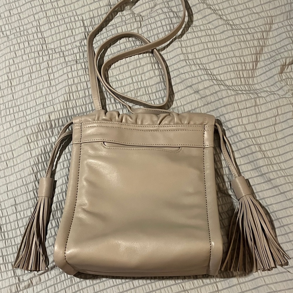 HOBO Leather Crossbody Bag Taupe Beige Tassel Drawstring Purse